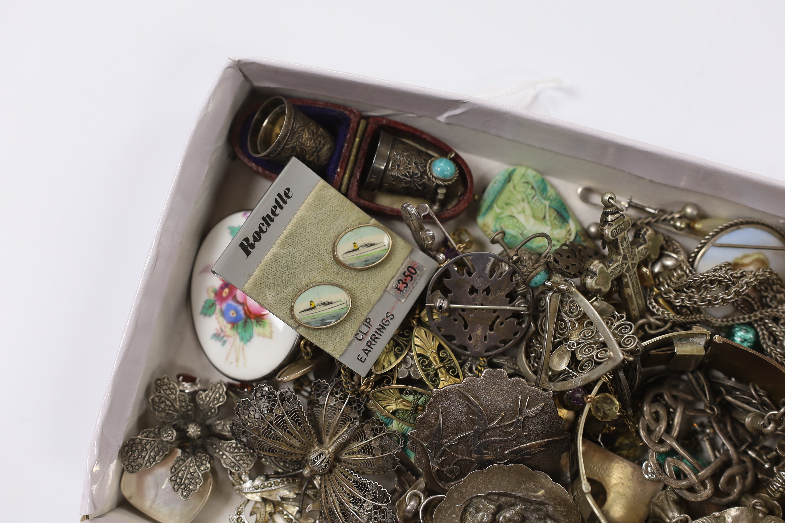 A quantity of 1940's and later costume, 925, white metal and silver jewellery, including bangles, brooches, bracelets, thimbles etc.